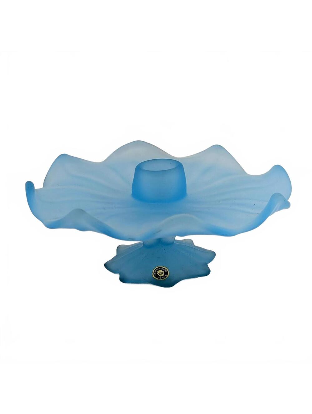 Vtg Westmoreland Light Blue Mist Satin Lotus Candlestick Holder